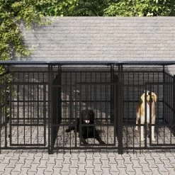 Chenil D’extérieur En Acier Noir Avec Toit Pour Chien – 4 Chenils Individuels Modulables – Panneaux à Barreaux – 395x200x130 – 7m²