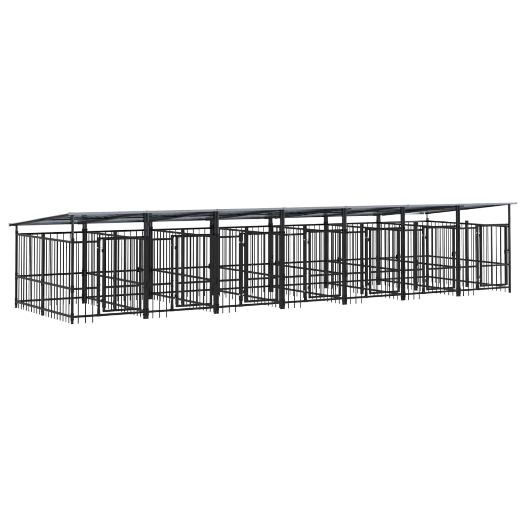 Chenil D’extérieur En Acier Noir Avec Toit Pour Chien – 7 Chenils Individuels Modulables – Panneaux à Barreaux – 780x200x130 Cm – 13m² – Image 2