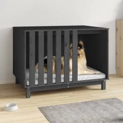 Niche D’intérieur En Bois Gris Pour Grand Chien – 100x70x72 Cm