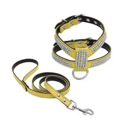 Harnais En Cuir Pour Chihuahua à Strass Jaune Et Sa Laisse