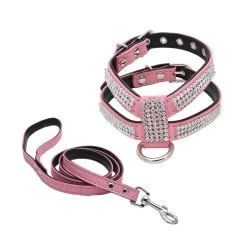 Harnais En Cuir Pour Chihuahua à Strass Rose Et Sa Laisse