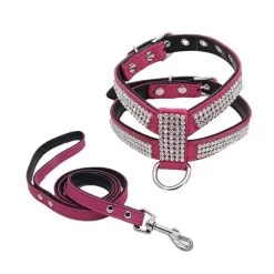 Harnais En Cuir Pour Chihuahua à Strass Rouge Cerise Et Sa Laisse
