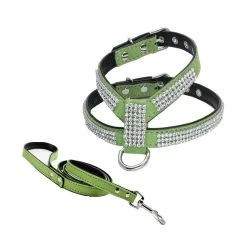 Harnais En Cuir Pour Chihuahua à Strass Vert Et Sa Laisse