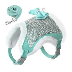 Harnais Veste Pour Chihuahua à Strass Bleu Et Sa Laisse Assortie