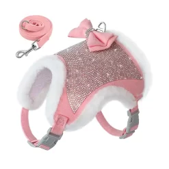 Harnais Veste Pour Chihuahua à Strass Rose Et Sa Laisse Assortie